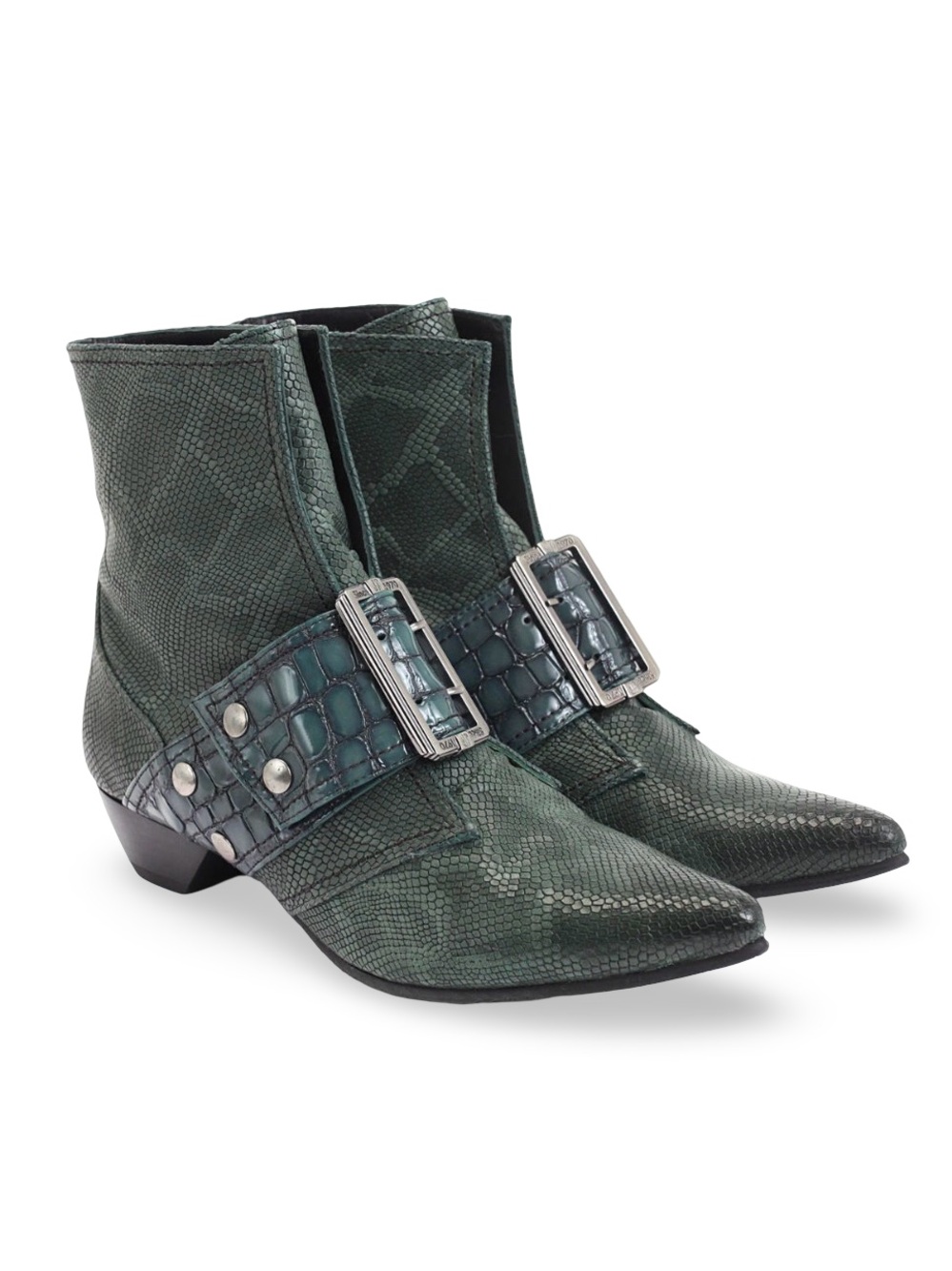 John Fluevog Truth Cheryl Buckled Leather Boot with Crocodile Emboss Size 8.5